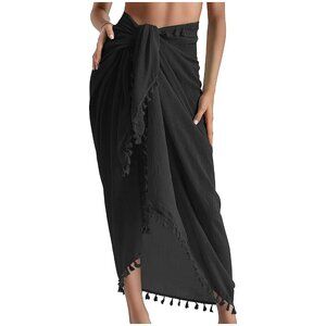 BEACH Sarong Pareo Womens Semi-Sheer Swimwear Cover Ups 11-black-long